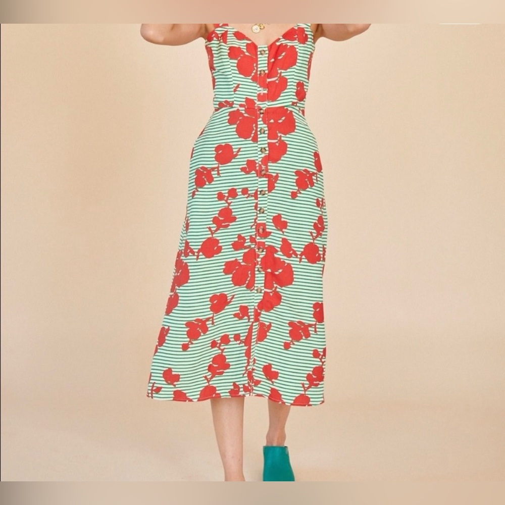 HUNTER BELL Nellie Dress Womens Size 8 Green Stripe Red Floral Tuckernuck